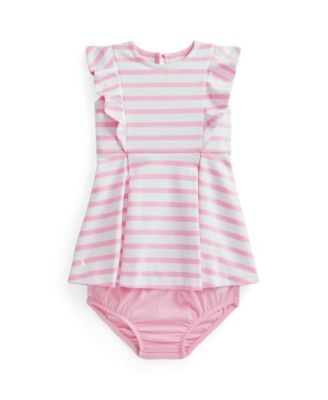 Polo Ralph Lauren Baby Girls Striped Ruffled Pon Carmel Pink, White 6 months